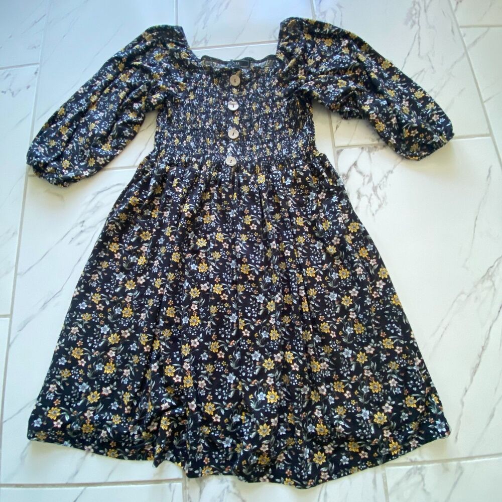 Vibe Sportswear Women 2X Black Floral Smocked Puff Sleeve Dress